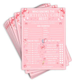 Who Knows The Birthday Girl Best, Pink Birthday Party Games For Girls, Birthday Party Games, Party Activity And Idea For The Card Game - 20 Game Cards
