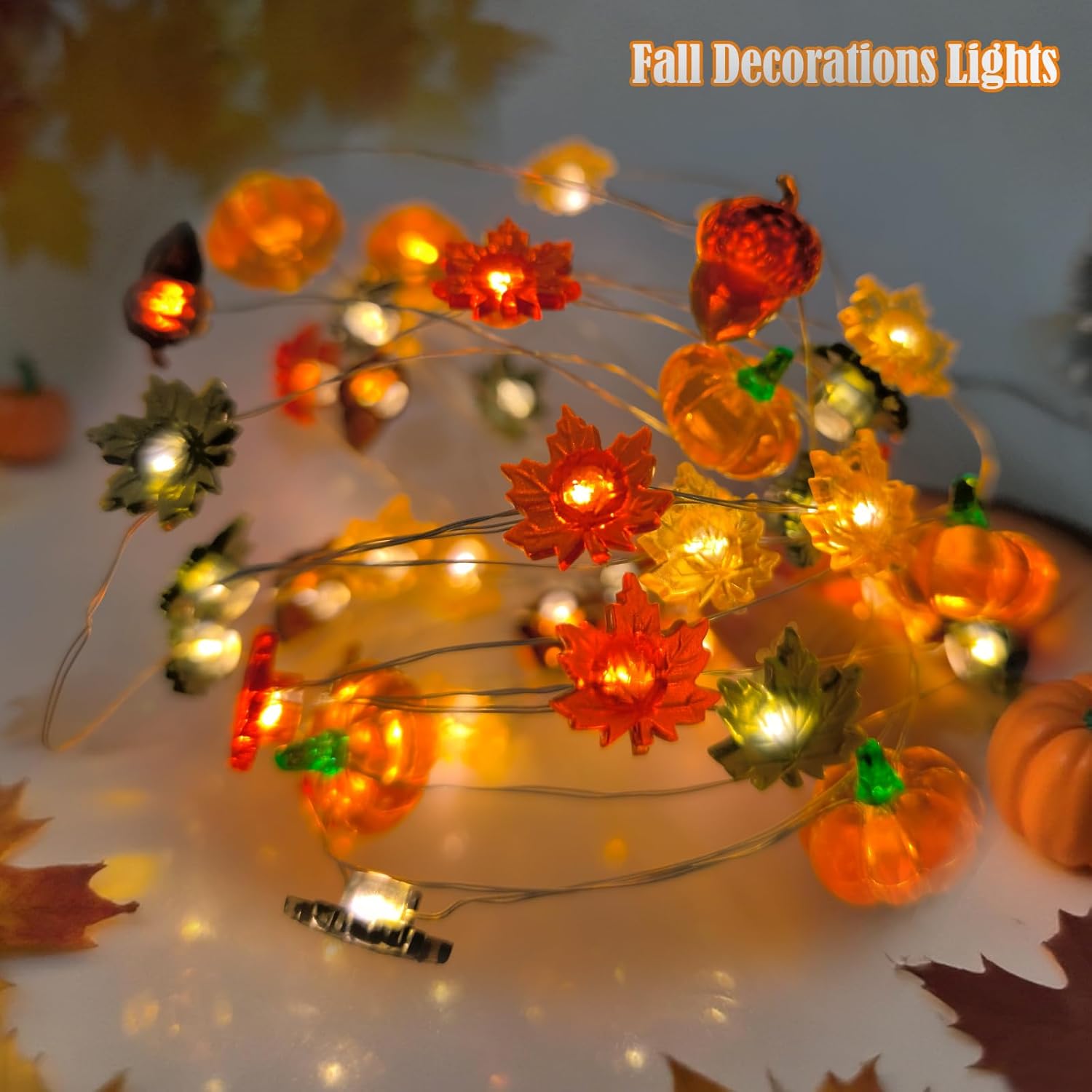 Fall Decor 3D Pumpkin Acorn Maple Leaves String Lights- 17Ft 50 Led Thanksgiving Fairy Lights Battery Operated With Time