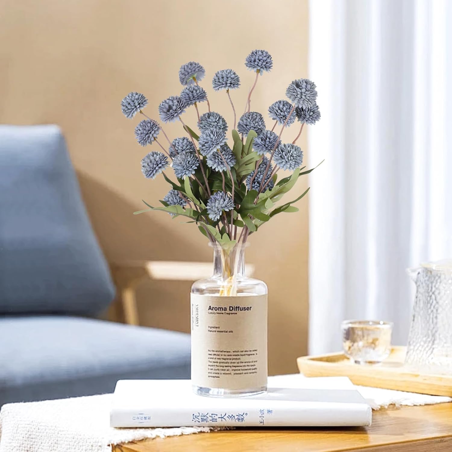5 Pcs Pompon Mum Artificial Flowers, Dusty Blue Flowers Fake Mini Chrysanthemums Flowers With Stems For Wedding Diy Bouquet Table Centerpieces Floral Arrangements
