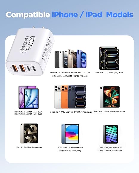 2 Pack 60W USB C Fast Charger with 10FT USB C Cable 4 Port Charger Block for iPhone 17 16 15 iPad AirPods