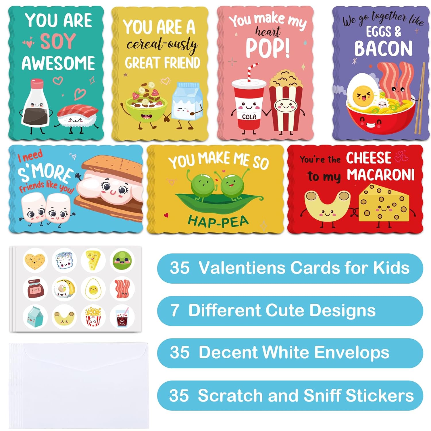 35 Pack Valentines Cards For Kids - Cute Kids Valentines Cards With Envelopes & Scratch And Sniff Stickers - Food Pun Valentine’S Day Card For Classroom Exchange School Activity