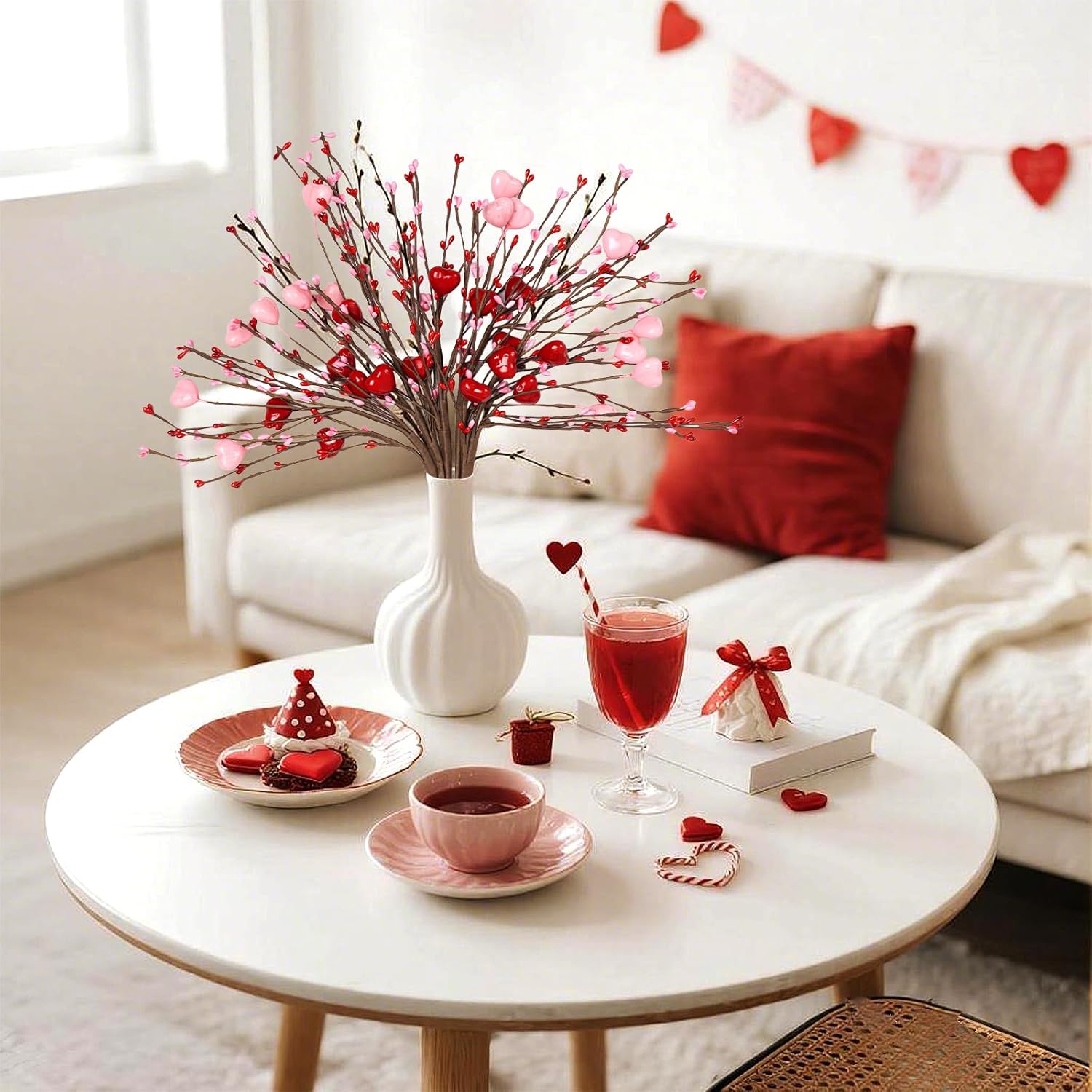 6 Pieces Artificial Berry Flower Stems Heart Shaped Berry Picks Valentines Day Gifts For Valentines Day Wedding Home Decor (Red)