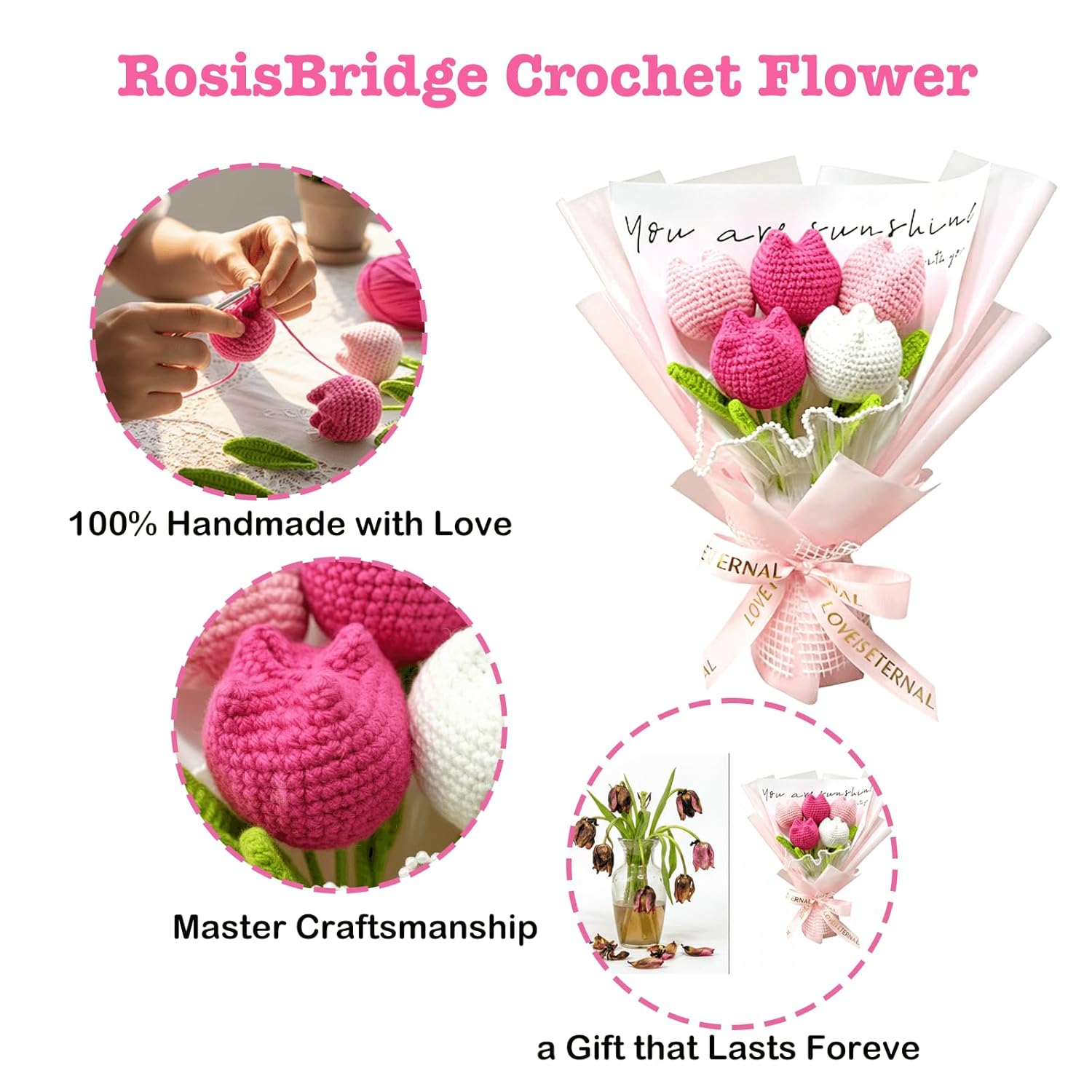 Handmade Crochet Flower Bouquet - Pink Knitted Tulips,Forever Flowers Gift For Mother'S Day, Birthday, Anniversary,Graduation,Hypoallergenic Home & Desk Decor (With Sunflower)