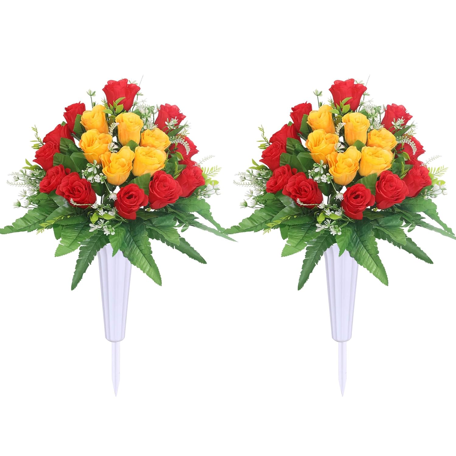 Set Of 2 Artificial Cemetery Flower, Outdoor Grave Decorations Roses,Cemetery Memorial Flowers With Vase For Gravesite Outdoor Headstone Tombstone Decorations (Red Yellow)