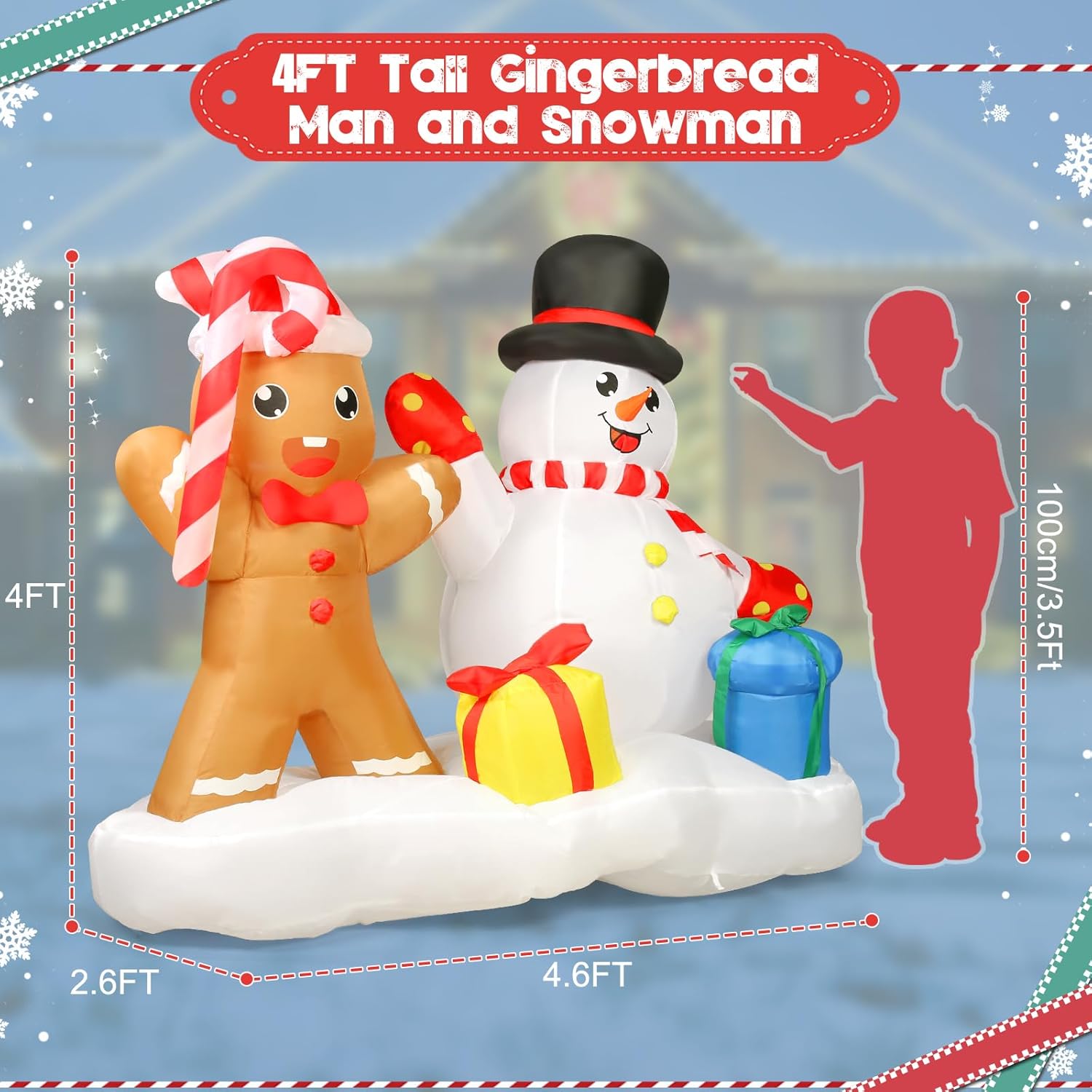 Christmas Outdoor Inflatables, 4Ft Blow Up Christmas Decorations Outdoor, Holiday Inflatable Gingerbread Man And Snowman