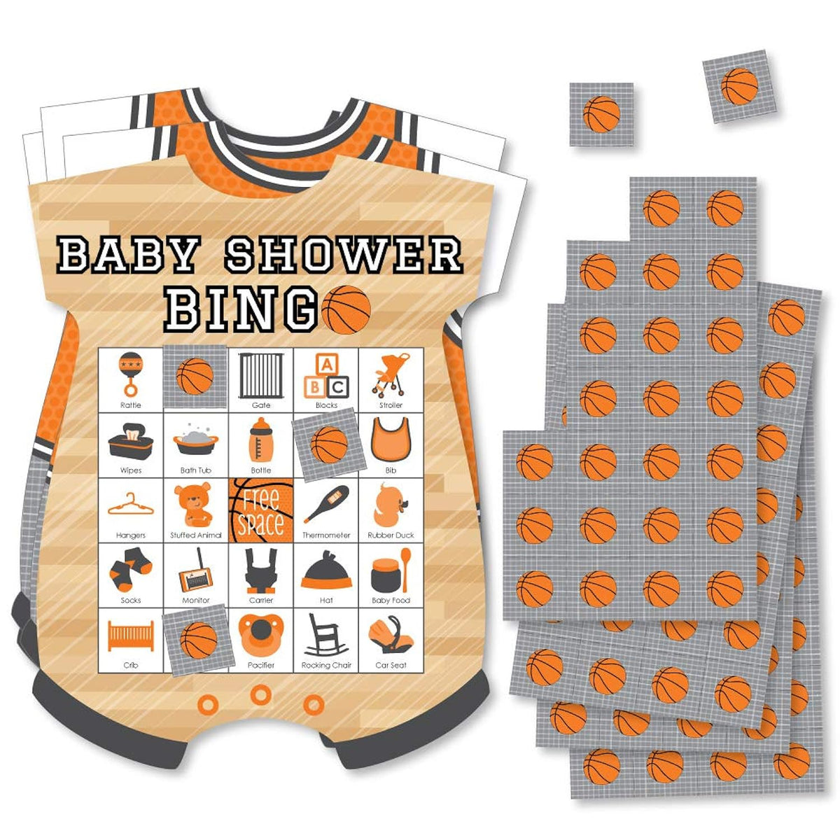 Big Dot of Happiness Nothin’ but Net - Basketball - Picture Bingo Cards and Markers - Baby Shower Shaped Bingo Game - Set of 18