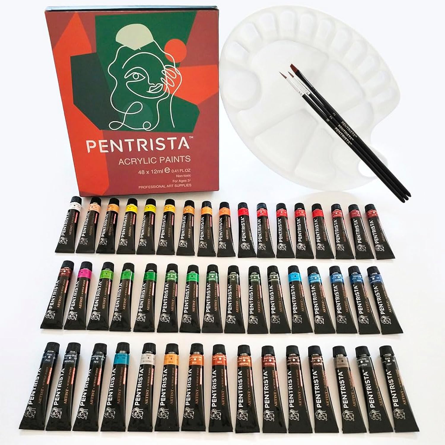 Professional Acrylic Paint Sets, 48 Colors 12Ml/0.41 Fl.Oz Art Paint Tubes With 3Pcs Brush + Palette,Heavy Body Acrylic Paints For Artists Adults,Beginners On Canvas Rocks Wood Fabric Craft