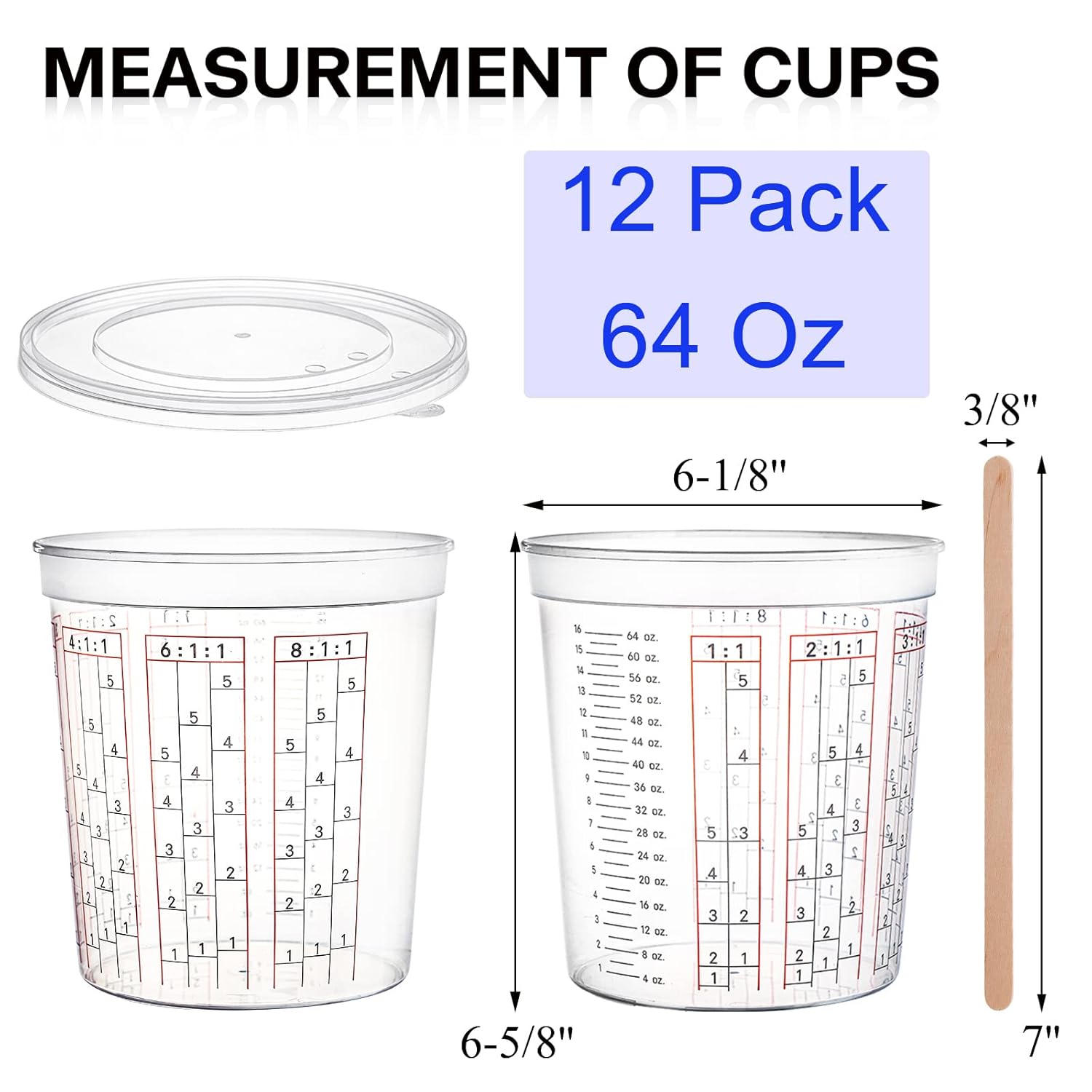 12 Pack Paint Mix Cups With Lids And 50 Sticks - 64 Oz Graduated Paint Mixing Cups Plastic Epoxy Measuring Cups With Calibrated Mixing Ratios On Side Of Cup For Activators, Thinner, Resin