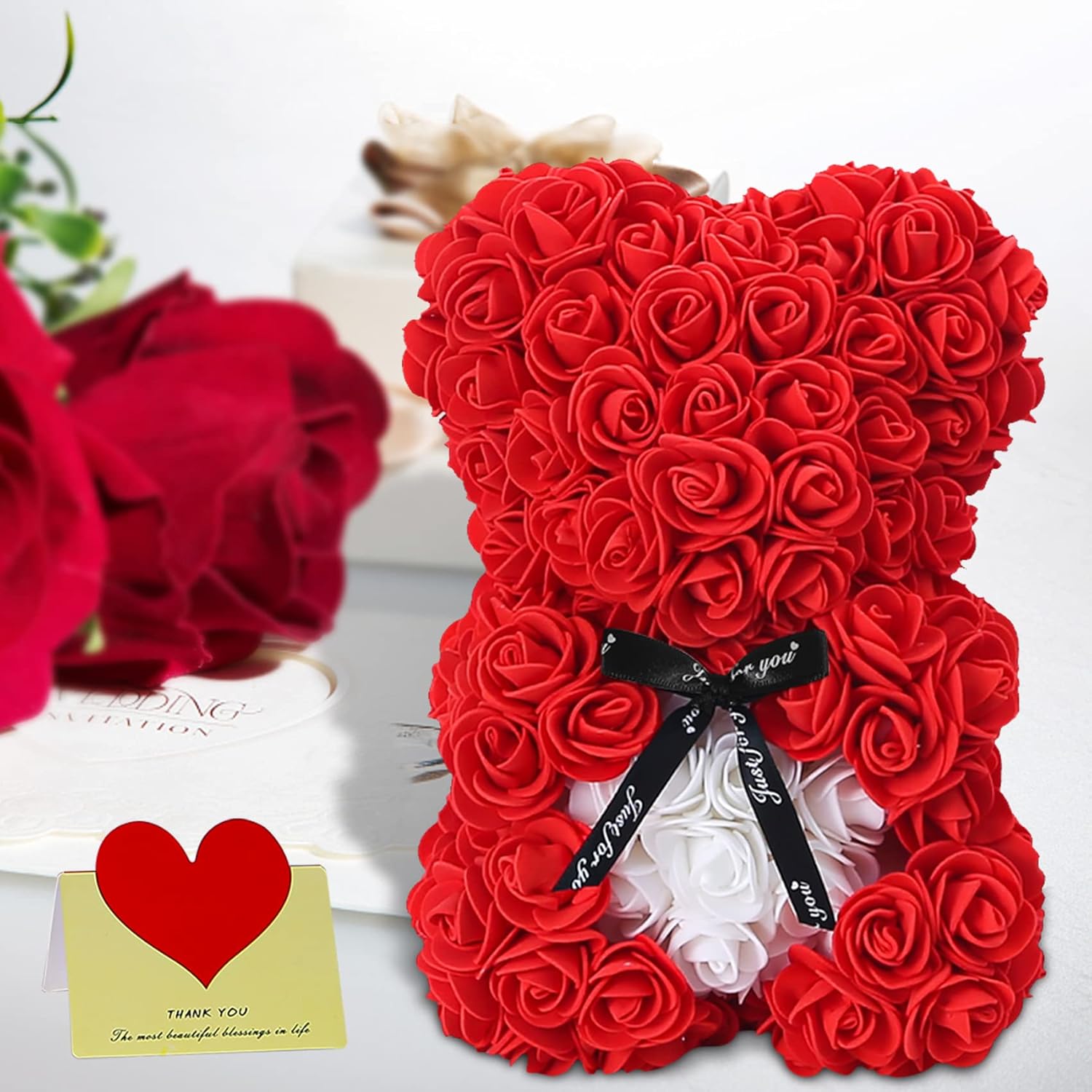 Gift For Mom Women-Rose Cute Bear - Rose Adorable Teddy Artificial Bear - Best Gift For Valentines Day, Mothers Day, Anniversary, Birthdays - Clear Gift Box Included! 10 Inches Tall