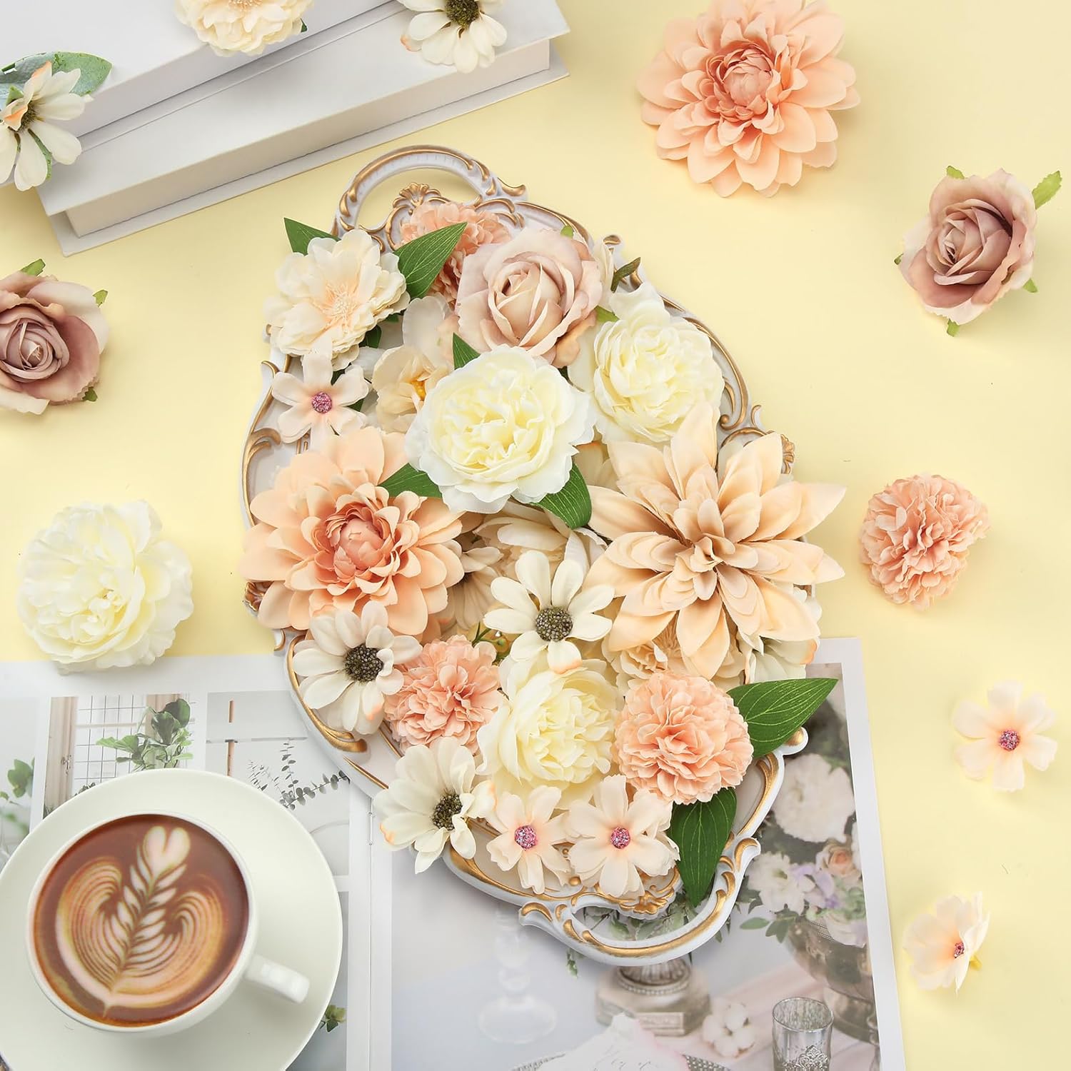 100 Pcs Assorted Fake Flower Heads With Long Stem Mini Artificial Flower Bulk Mix Silk Faux Daisy For Crafts Fake Peony Rose For Diy Wedding Party Wreath Home Decoration(Champagne)