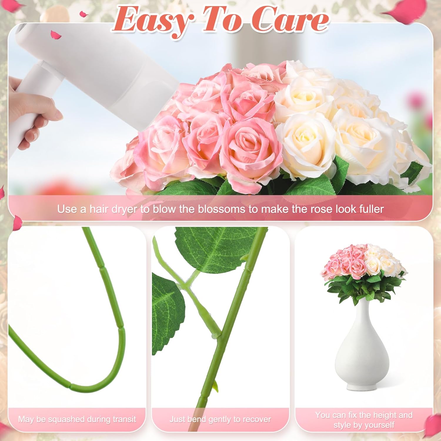 36 Pcs Pink Champagne Rose Artificial Flowers Bulk With Long Stem,Realistic Silk Fake Roses Plastic Roses Bouquet Artificial Flowers For Bridal Wedding Arrangement Table Centerpieces Decor