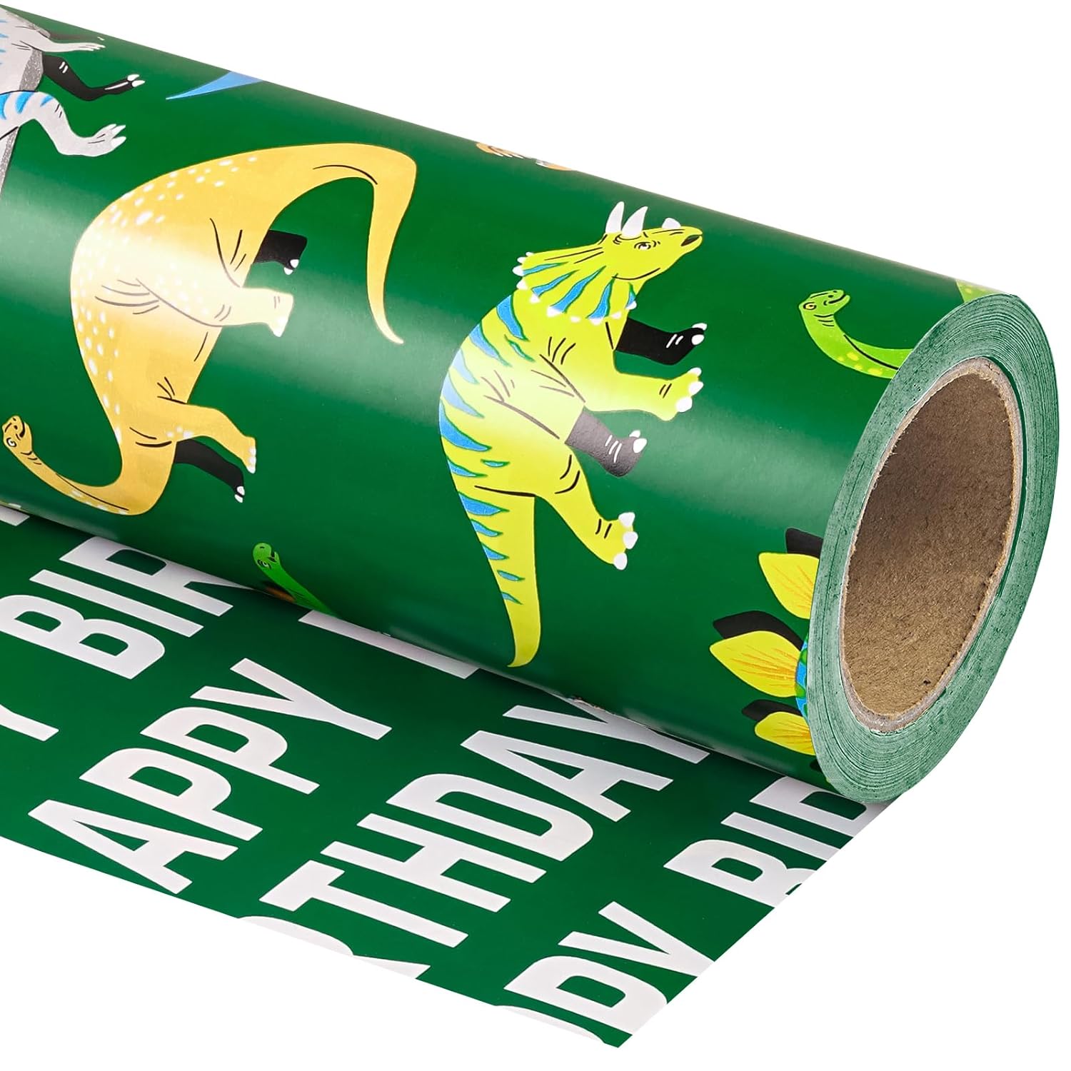 Reversible Dinosaur Wrapping Paper - Mini Roll - 17 Inch X 16.5 Feet - Green Dinosaur And Happy Birthday Wrapping Paper For Girl Kids Boy Birthday, Baby Shower
