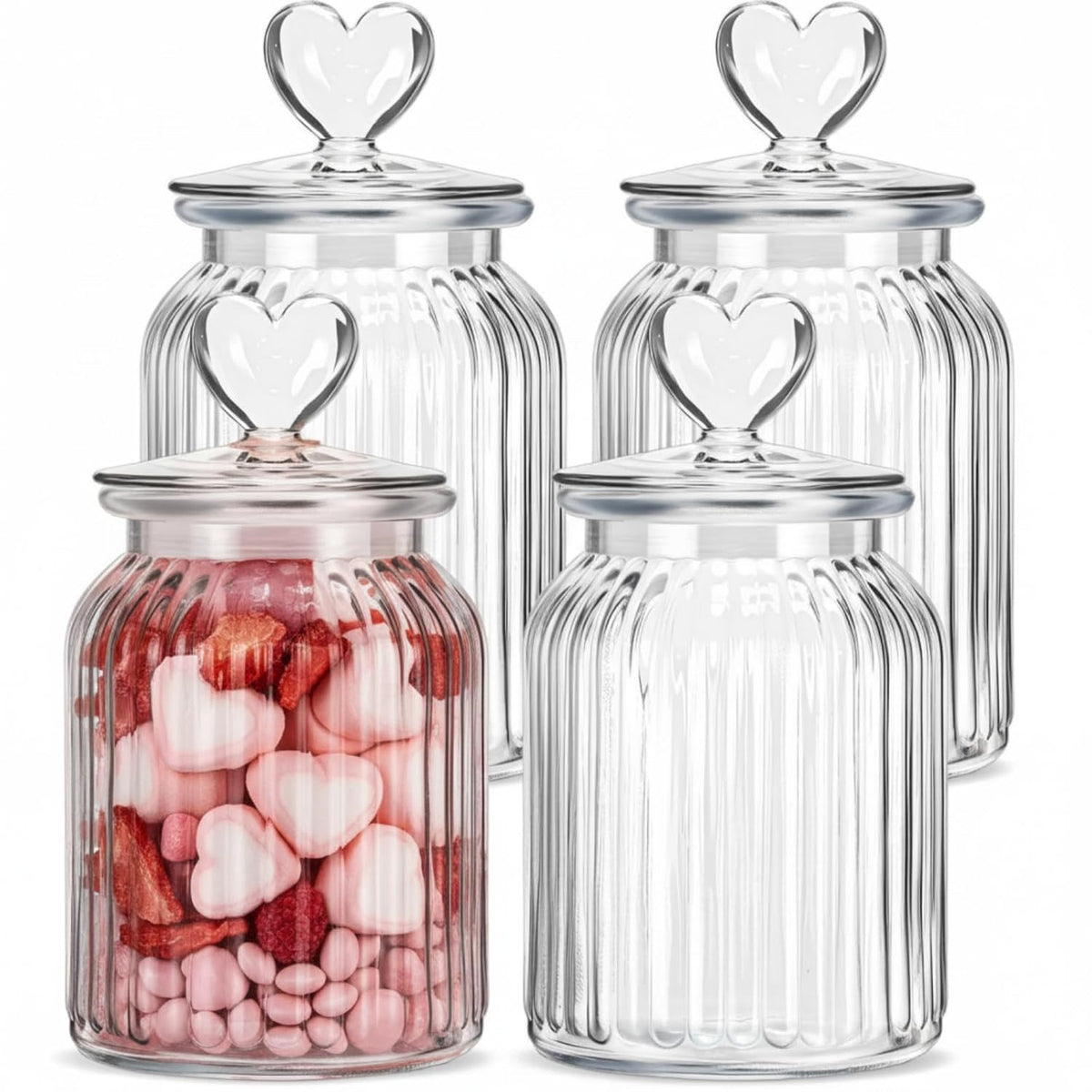 4 Sets 32Oz Glass Jars With Heart Lids Airtight Clear Candy Jar Food Storage Canister With Airtight Lid For Valentine'S Day Party Tea Cookie Table Decoration(Clear Lid)