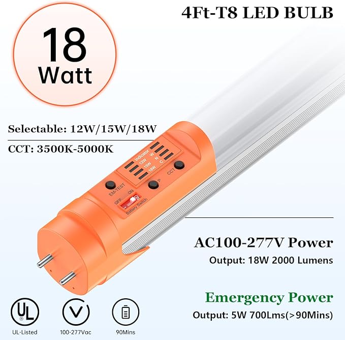 4ft Emergency T8 LED Tube Light with Battery Backup – Adjustable LED Shop Light