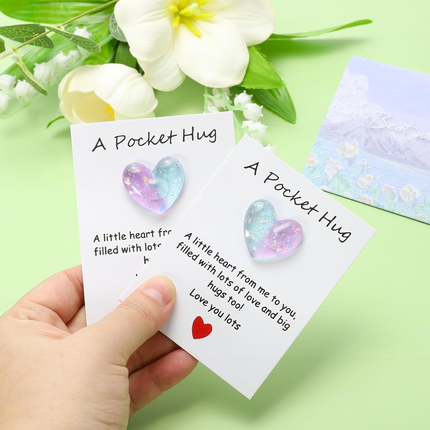 2 Pack Pocket Hug Heart With Greeting Card, Pocket Hug Token Love Cards Cute A Little Resin Heart Shape Bulk For Friends Long Distance Relationship Gifts, Blue Purple