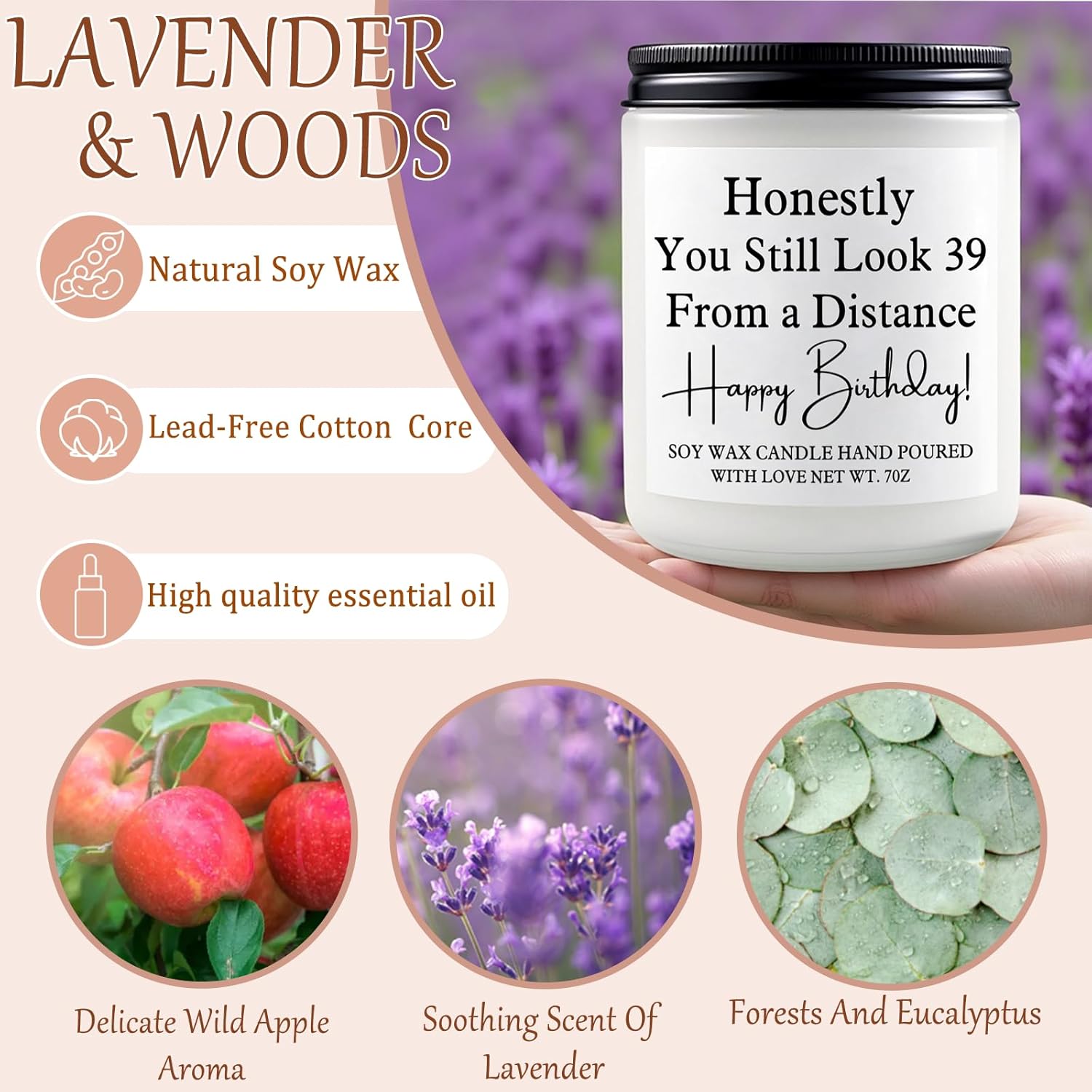 40Th Birthday Gifts For Women Men- 7Oz Lavender Scented Soy Wax Candle - 40Th Birthdays Decorations For Her, Him, Friend, Sister, Wife, Husband, Brother