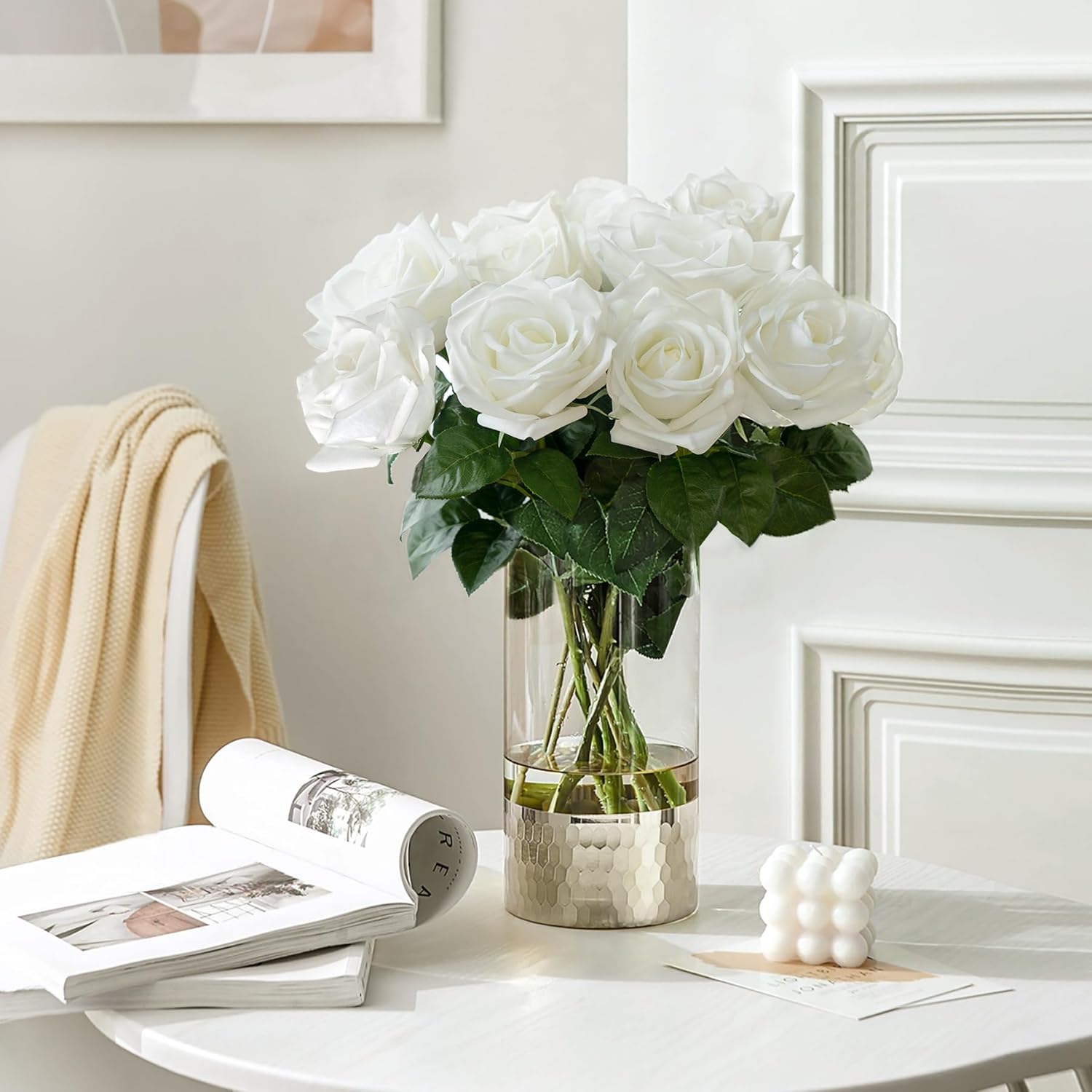 Rose Artificial Flowers 10 Pcs Fake Rose Bouquet Silk Faux Flowers With Long Stem Realistic Blossom Roses For Home Decor Wedding Party Valentine'S Day Diy Decorations (White)