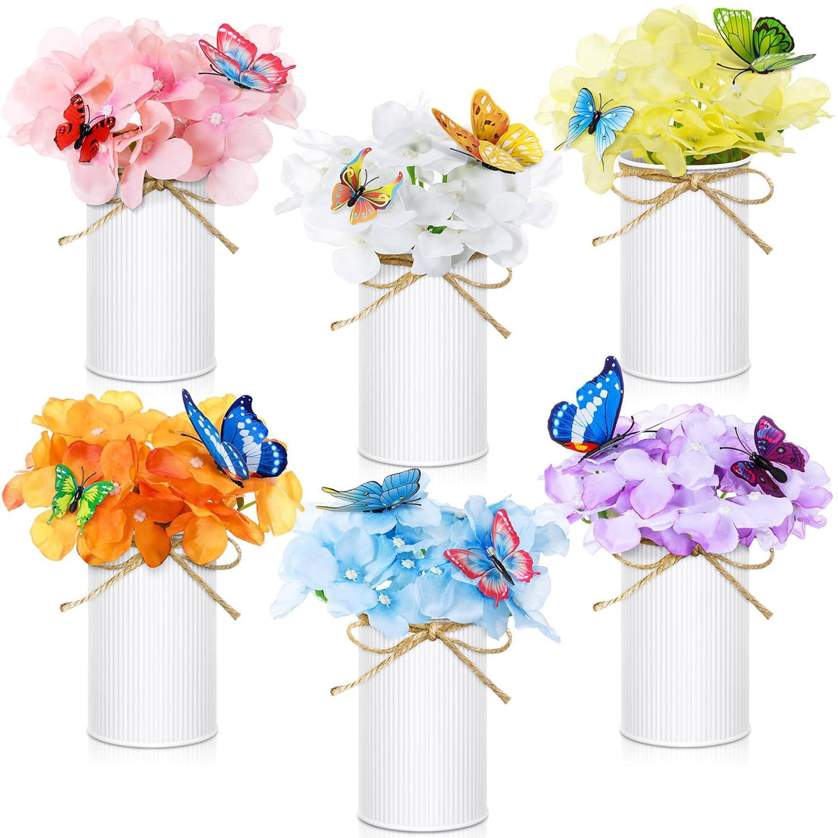 6 Sets Flower Table Centerpieces Artificial Hydrangea Flowers With Metal Pots And 3D Butterflies For Home Office Wedding Bridal Tea Party Table Decor(White Pot)