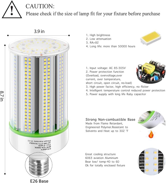 2 Pack 60W LED Corn Light Bulbs 5000K Daylight E26 E39 Base High Bay Warehouse Lighting