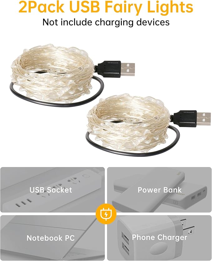 2 Pack USB Powered Fairy Lights 33FT 100 LED Warm White Silver Wire String Lights for Bedroom Christmas Tree Camping Indoor Decor