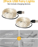 2 Pack USB Powered Fairy Lights 33FT 100 LED Warm White Silver Wire String Lights for Bedroom Christmas Tree Camping Indoor Decor
