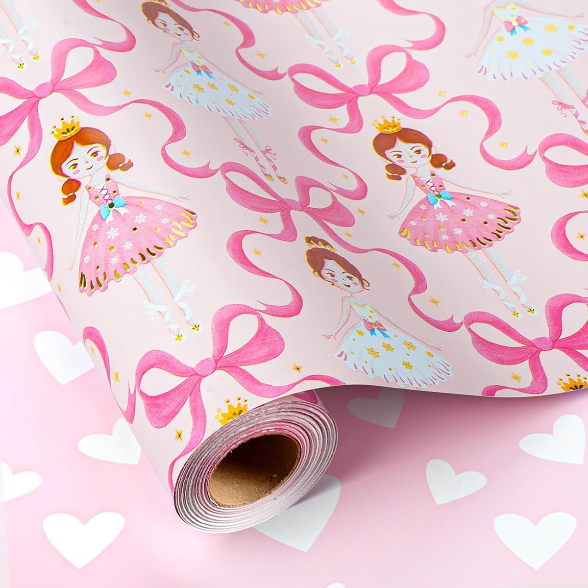 Pink Ballerina Wrapping Paper Roll - Ballet Princess With Bowknots & Heart Pattern, Reversible Gift Wrap For Girls Birthday, Baby Shower, Bridal Shower, Party - Mini Roll - 17 Inch X 16.5 Feet