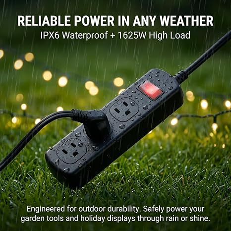 Outdoor Weatherproof Power Strip IPX6 Waterproof 3 Outlets 6 Ft Heavy Duty Cord