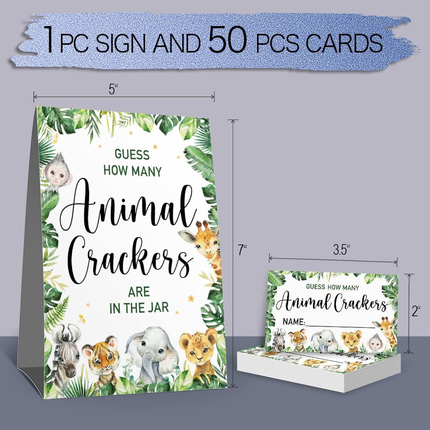 Guessing Animal Crackers Baby Shower Party Game Cards, Safari Jungle Zoo Animals Baby Shower Raffle Insert Ticket, Baby Showers Party Decorations Game Cards Kit (1 Standing Sign + 50 Guessing Cards)