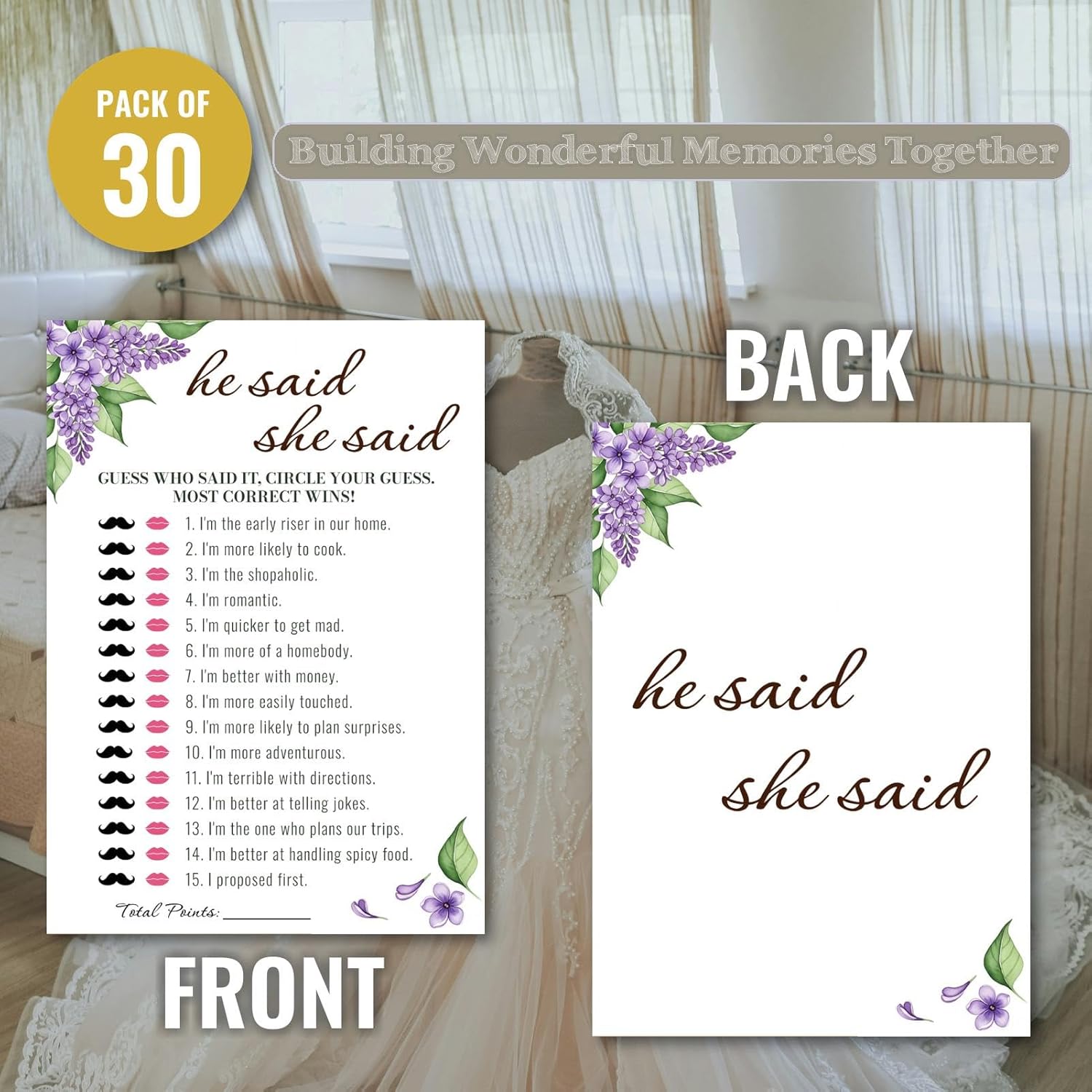 Bridal Shower Party Game Cards - He Said She Said For Wedding Engagement Bachelorette - Romantic Modern Simple Elegant - 30 Pcs 5X7 Inch Ready To Play Instant Fun Purple White Lilac