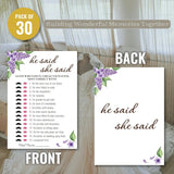 Bridal Shower Party Game Cards - He Said She Said For Wedding Engagement Bachelorette - Romantic Modern Simple Elegant - 30 Pcs 5X7 Inch Ready To Play Instant Fun Purple White Lilac