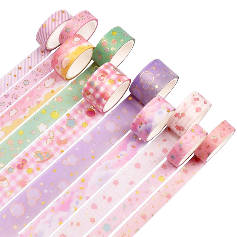 10Rolls Washi Tape Set, Cute Gold Foil Geometric Pattern Decorative Masking Ta