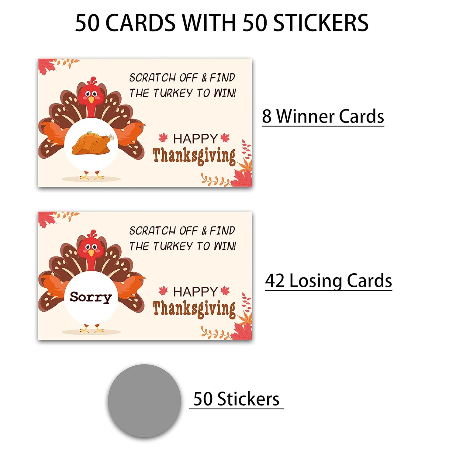 Happy Thanksgiving Scratch Off Game Cards, Pumpkin Lottery Raffle Tickets, Fall Festival Party Activities & Decorations, Autumn Harvest Games Ideas (50 Pack)-03