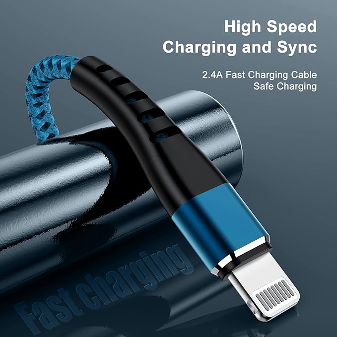 2 Pack 6FT Lightning to USB Charger Cable Nylon Braided Fast Charging Cord for iPhone 15 14 13 12 11 iPad Blue