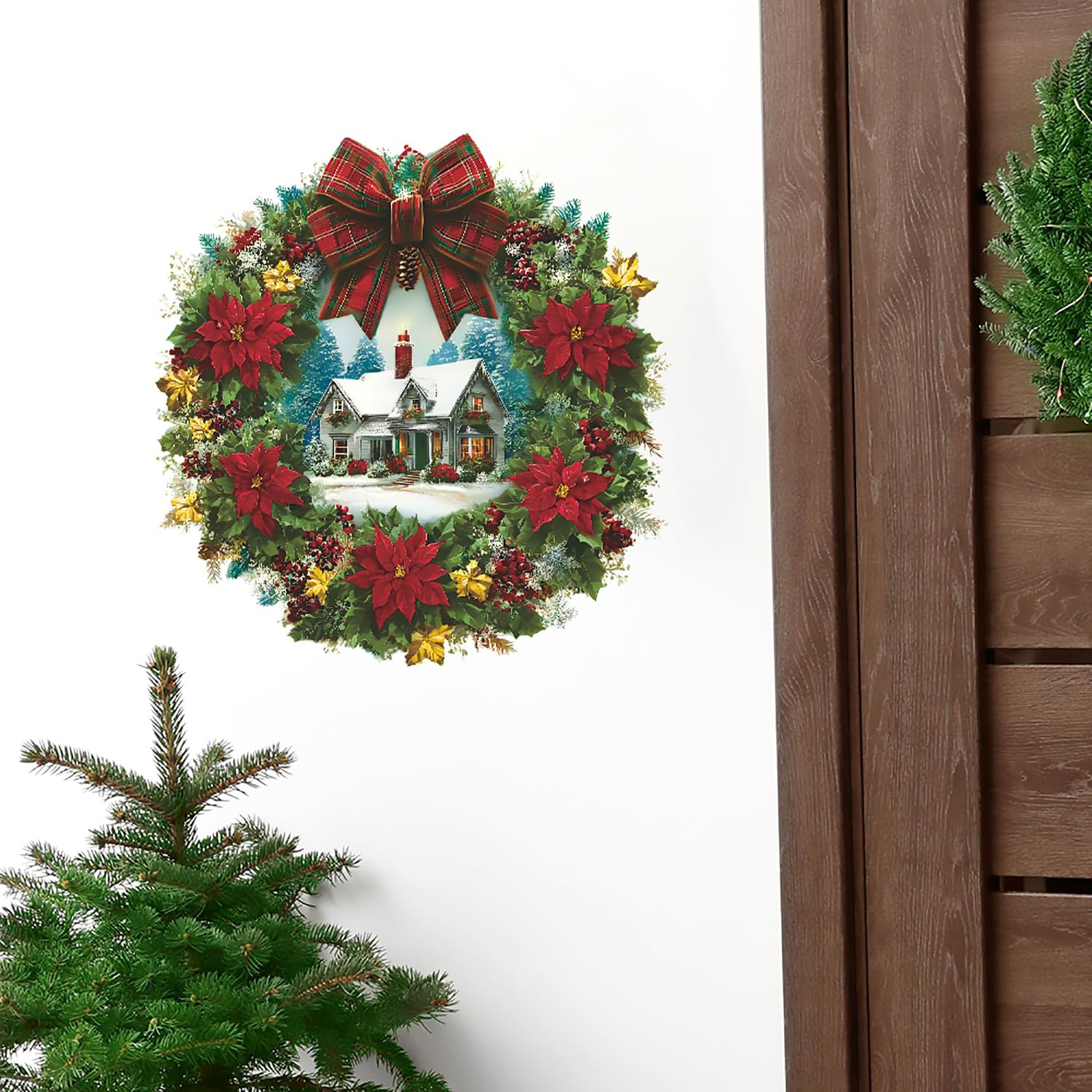 2 Sheets Christmas Wall Decals Peel And Stick Christmas Wreath Wall Stickers Vinyl Winter Xmas Snow House Wall Decor For Bedroom Living Room Home Party Decorations