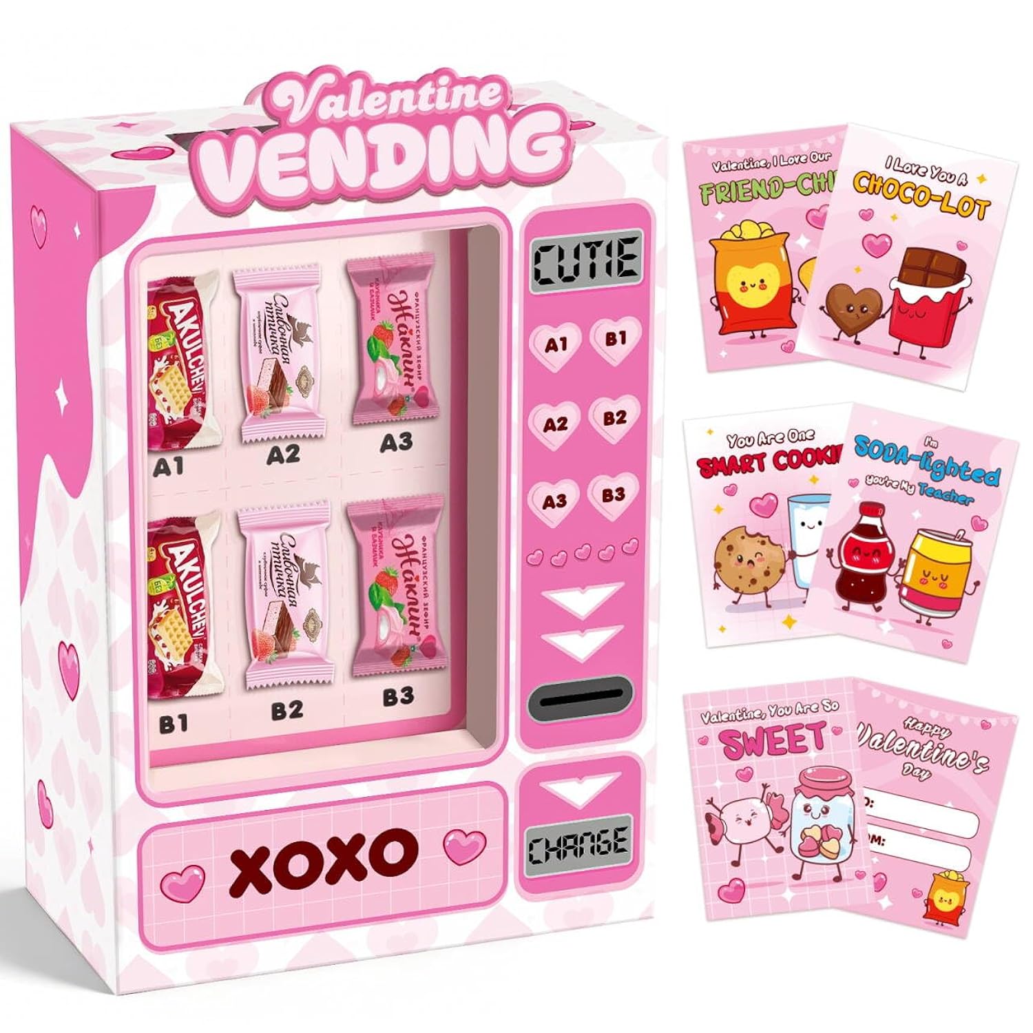 Vending Valentines Day Box And Cards For Kids Classroom School Exchange, Great Valentines Gifts Party Favors For Boys Girls (1 Diy Box, 32 Valentine Cards, 1 Teacher Card)