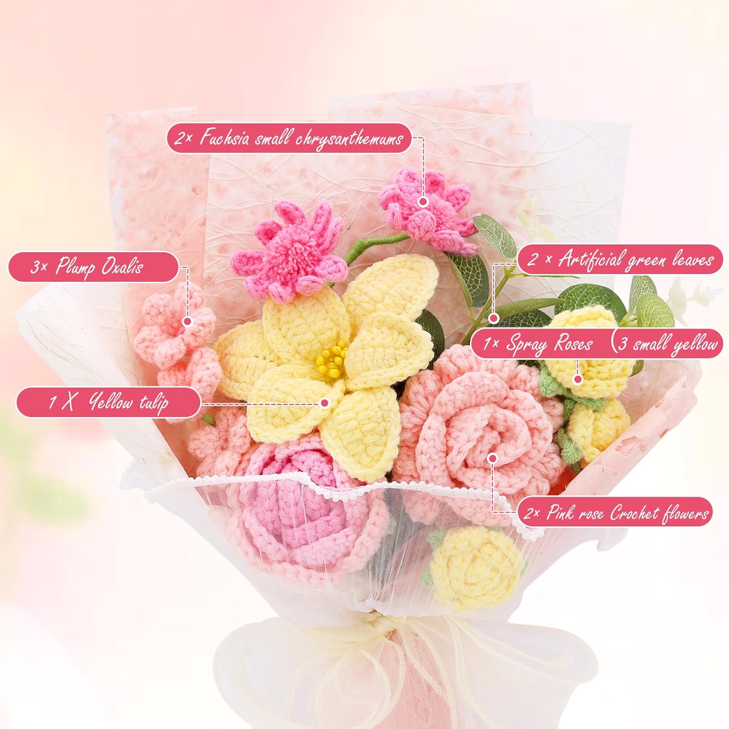 Crochet Flowers, Finished Bouquet, Cotton Thread, Handmade, Gift For Lover, Friend, Teacher, Wedding Anniversary, Mixed Flowers, Crochet Bouquet, Artificial Flower (Pink&Yellow)