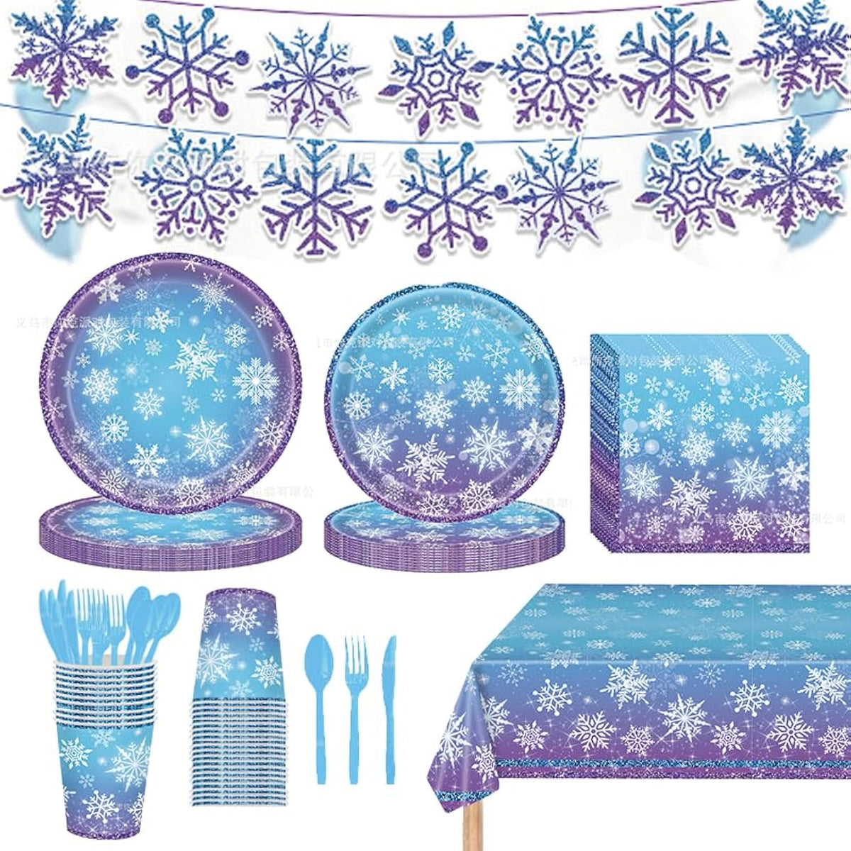 170Pcs Frozen Birthday Party Decorations Purple And Blue Snowflake Winter Wonderland Include Disposable Plates, Cups, Cutlery, Banner, Tablecloth For Christmas Winter Wonderland Decorations