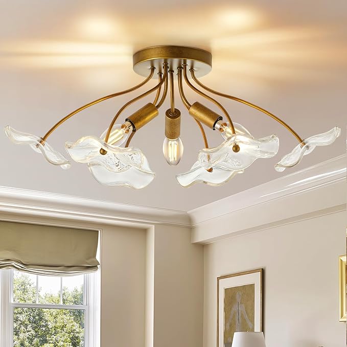 Modern Gold Semi Flush Mount Ceiling Light Vintage Brass 3 Light Fixture