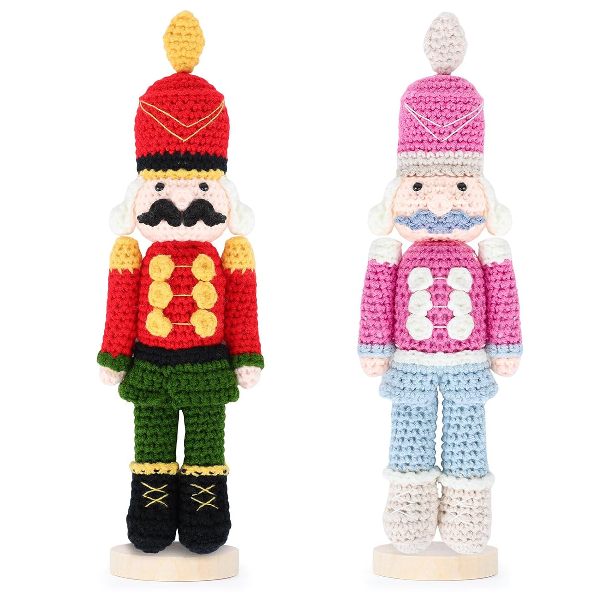 2 Pcs Crochet Christmas Nutcracker Characters With Wood Base Christmas Tree Crochet Tabletop Ornaments Xmas Holiday Nutcracker Soldier Figure Table Centerpieces Decoration Knitting Craft Art Supplies