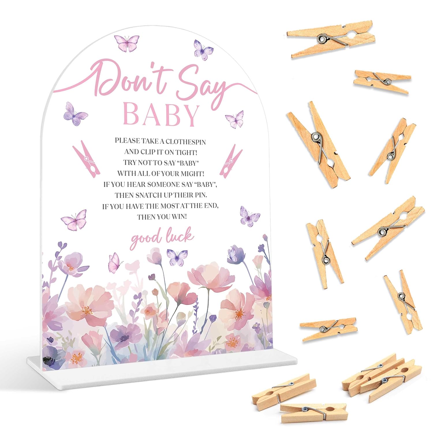Baby Shower Games - Butterfly Don'T Say Baby Clothespin Game, 1 Arch Acrylic Sign And 50 Mini Clothespins, Gender Reveal Game, Purple Butterfly Baby Shower Decoration Supplies (Gxb02)