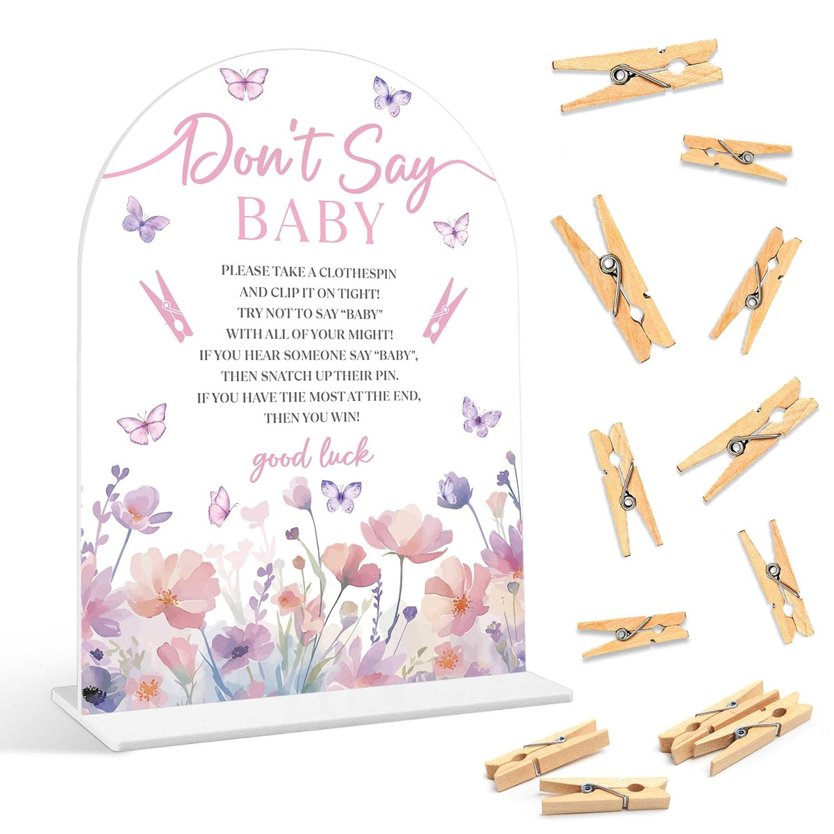 Baby Shower Games - Butterfly Don'T Say Baby Clothespin Game, 1 Arch Acrylic Sign And 50 Mini Clothespins, Gender Reveal Game, Purple Butterfly Baby Shower Decoration Supplies (Gxb02)