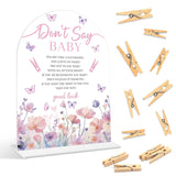 Baby Shower Games - Butterfly Don'T Say Baby Clothespin Game, 1 Arch Acrylic Sign And 50 Mini Clothespins, Gender Reveal Game, Purple Butterfly Baby Shower Decoration Supplies (Gxb02)