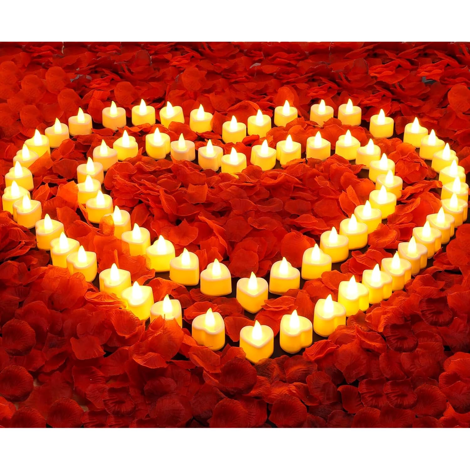 Rose Petals And Candles Set, 6000 Pieces Fake Rose Petals And 72 Pieces Heart Candle Lights For Bedroom Romantic Decorations For Special Night, Wedding, Anniversary, Valentines Day