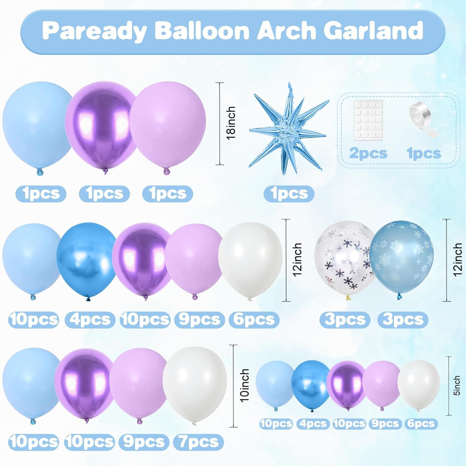Blue Purple Balloon Arch, 120 Pcs Snowflake Balloon Garland, Metallic Retro Purple White Clear Snow Blue Star Foil Balloons For Birthday Winter Christmas Party Decoration