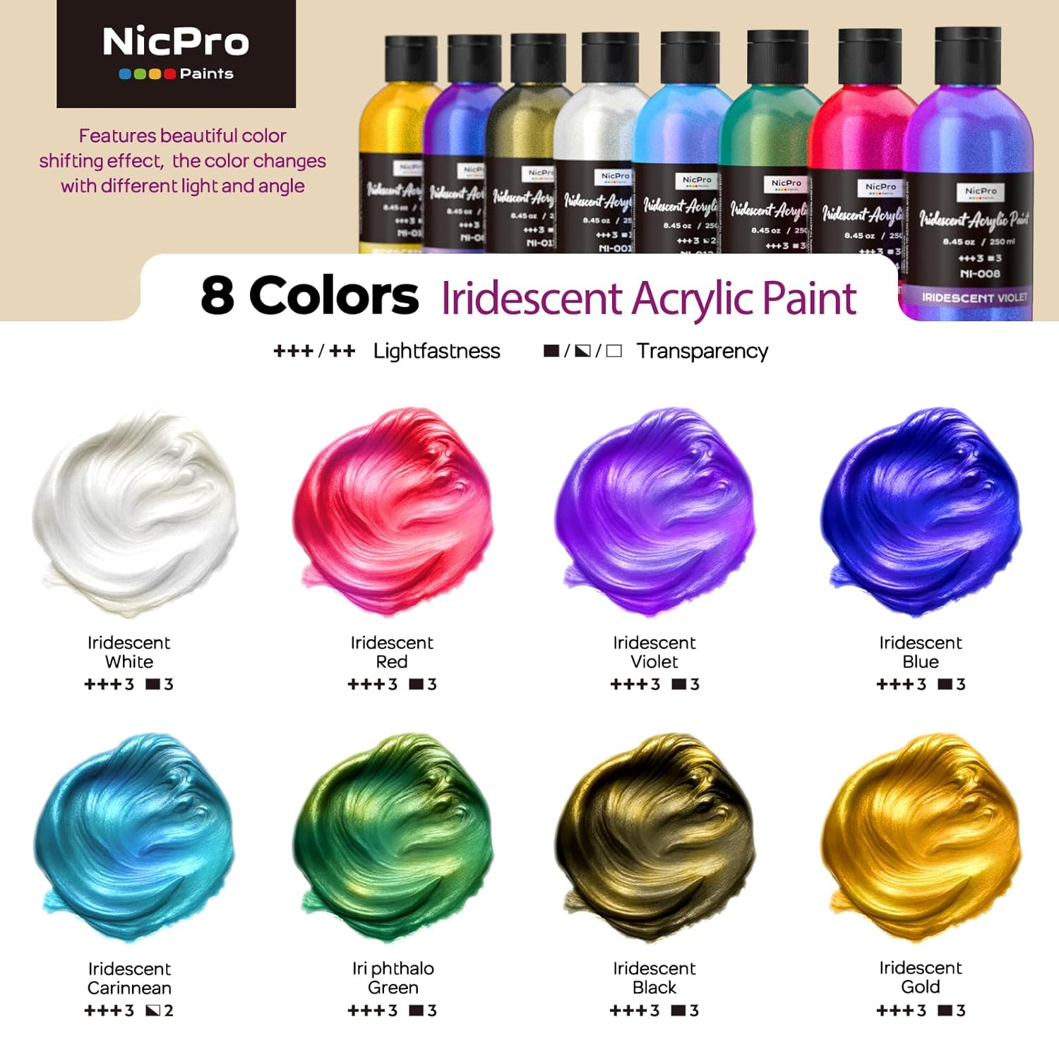 8 Colors Iridescent Acrylic Paint, 8.45Oz / 250Ml Large Bulk Metallic Acrylic Paint,Color Shifting & Non-Toxic Art Painting Supplies For Canvas Fabric Rock Wood With Color Wheel