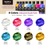8 Colors Iridescent Acrylic Paint, 8.45Oz / 250Ml Large Bulk Metallic Acrylic Paint,Color Shifting & Non-Toxic Art Painting Supplies For Canvas Fabric Rock Wood With Color Wheel