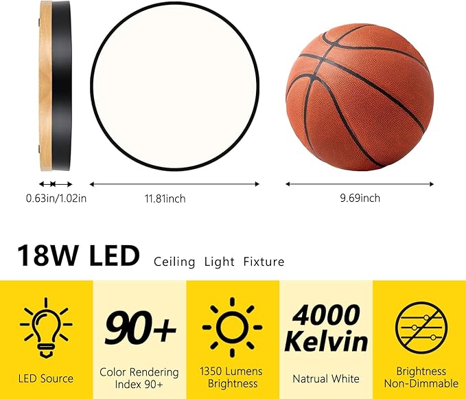 11.81 Inch Wood Black LED Ceiling Light Low Profile Flush Mount Fixture