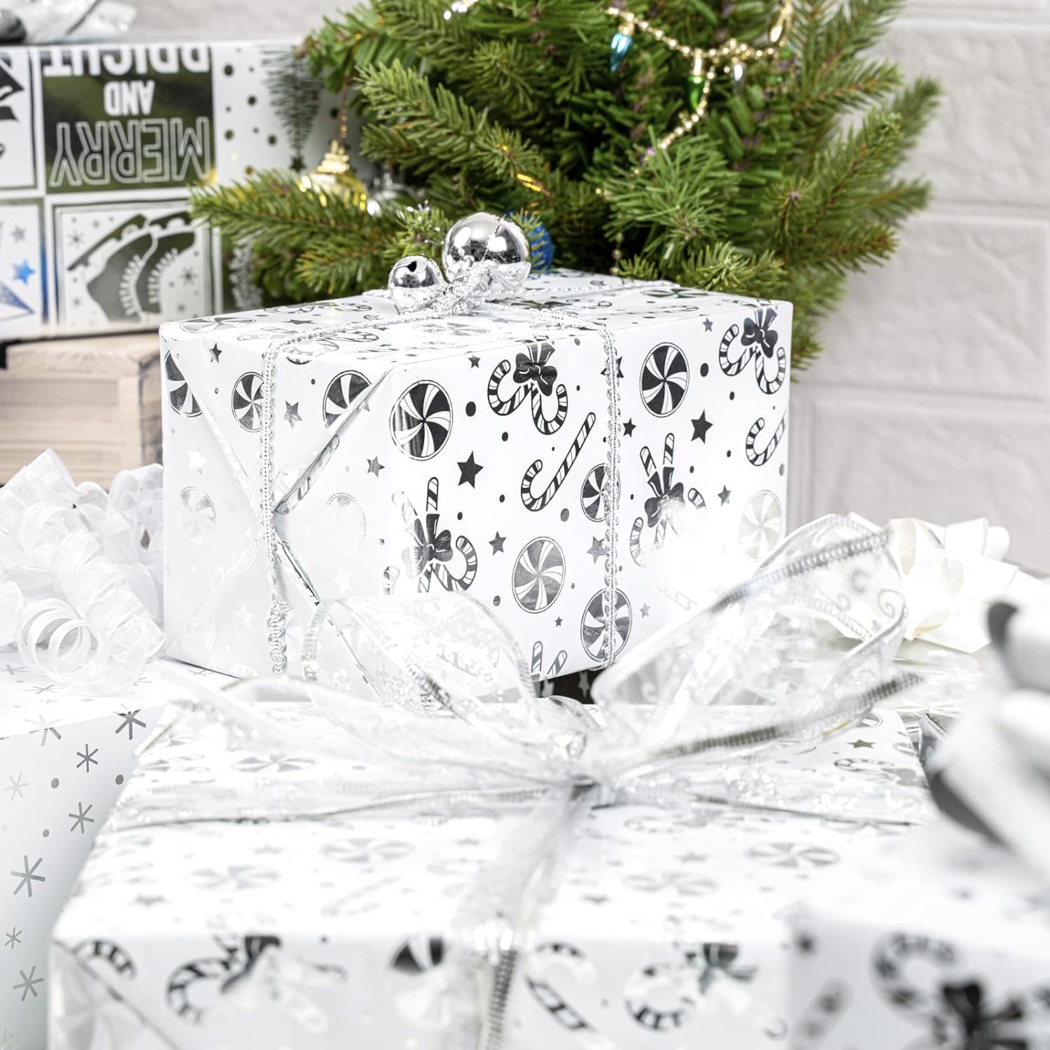 30 Inch Silver Christmas Wrapping Paper Roll - Jumbo Roll Silver Snowflakes, Candy Cane Holiday Collection With Metallic Foil Shine - 4 Rolls - 30 Inch X 120 Inch Per Roll