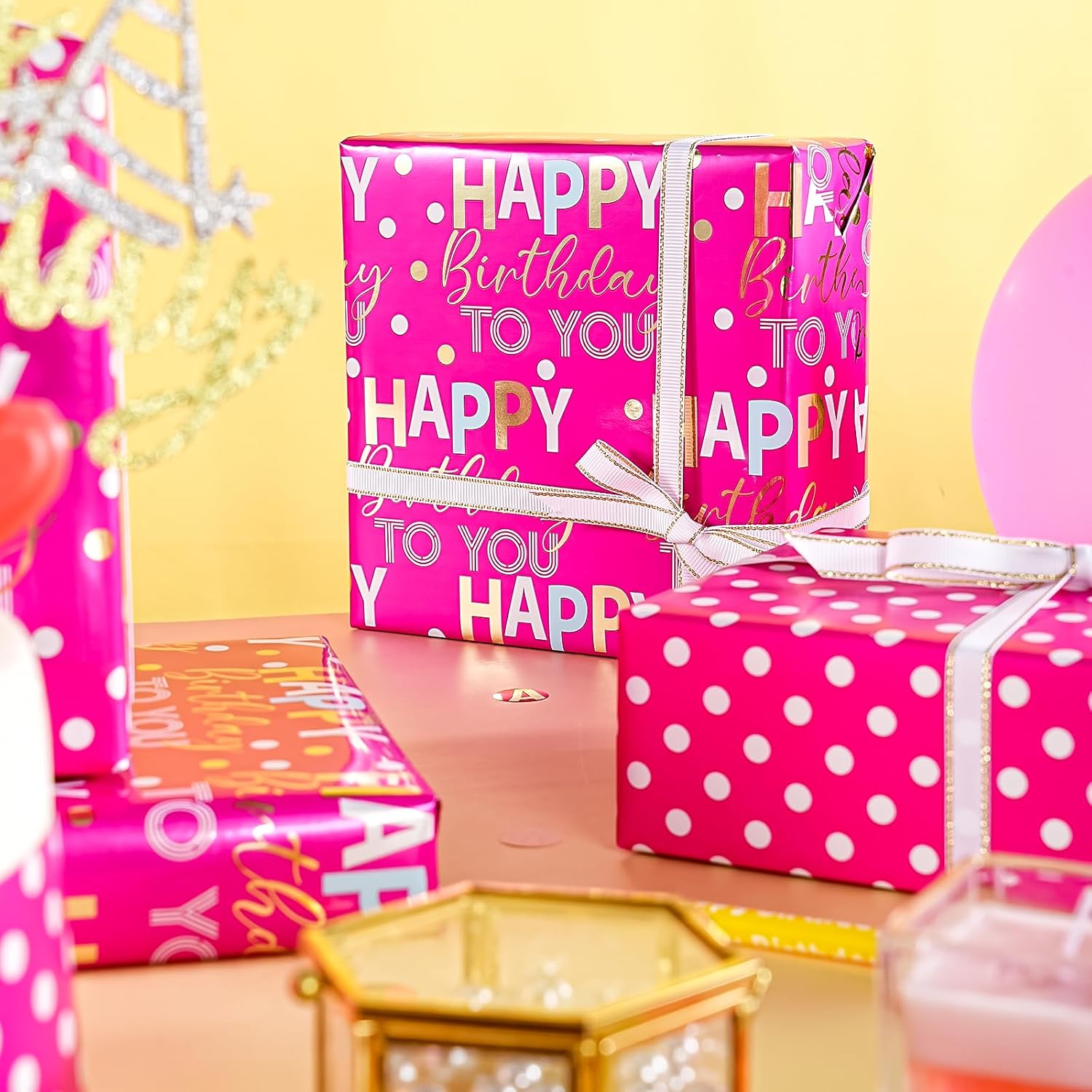 Reversible Birthday Wrapping Paper - Mini Roll - 17 Inch X 9.8 Feet - Hot Pink And Gold Foil Happy Birthday Wrapping Paper For Girls, Women, Kids, Baby Shower