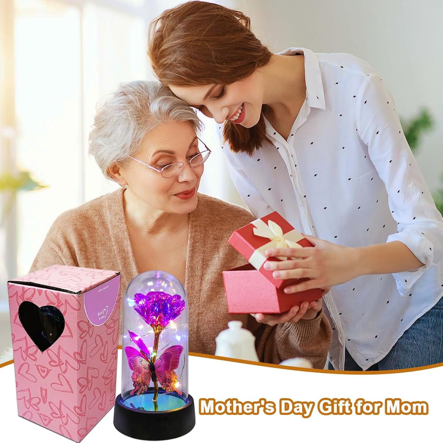 Forever Rose For Women Mom Wife,Mothers Day Forever Rose Gift Ideas,Galaxy Rose Flower Light Up In Glass Dome, Eternal Roses Birthday Butterfly Gifts For Women